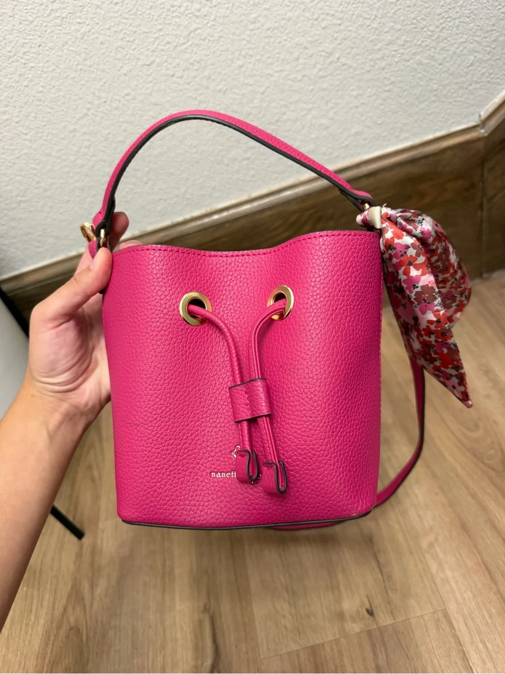 Nanette Lepore Hot Pink Bucket Crossbody with Scarf Accent